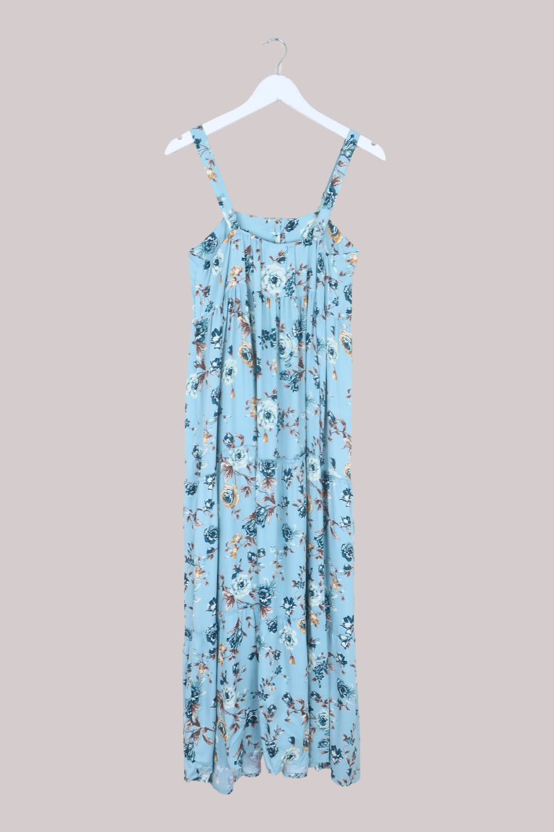 Amelia Pinafore Maxi Dress in Breeze Blue Roses