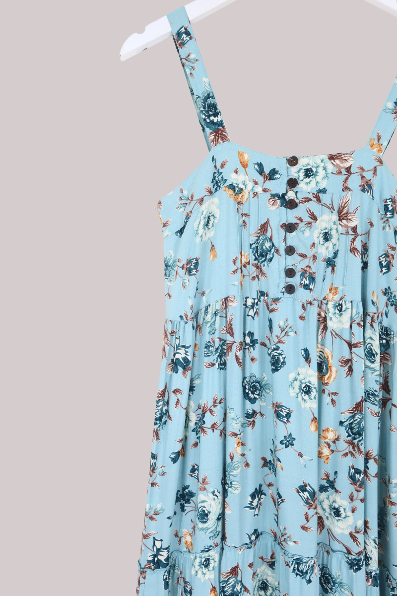 Amelia Pinafore Maxi Dress in Breeze Blue Roses