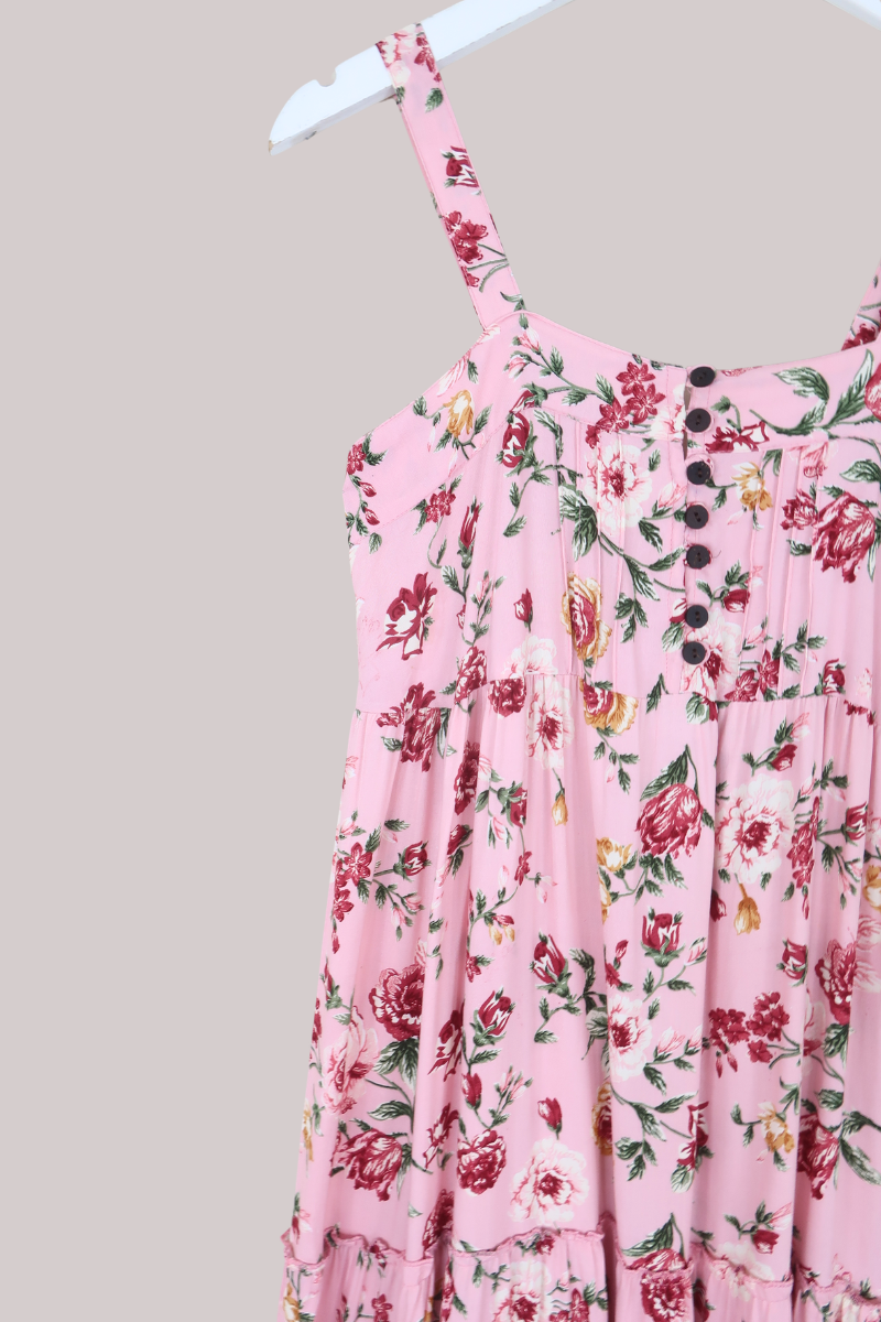 Amelia Pinafore Maxi Dress in Daydream Pink Roses