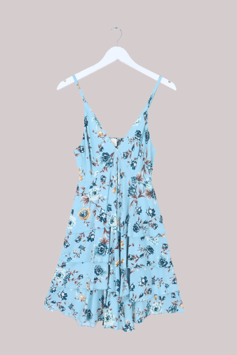 Celeste Babydoll Mini Dress in Breeze Blue Roses