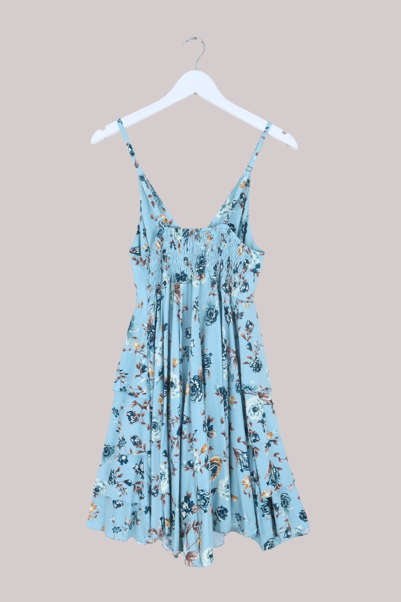 Celeste Babydoll Mini Dress in Breeze Blue Roses
