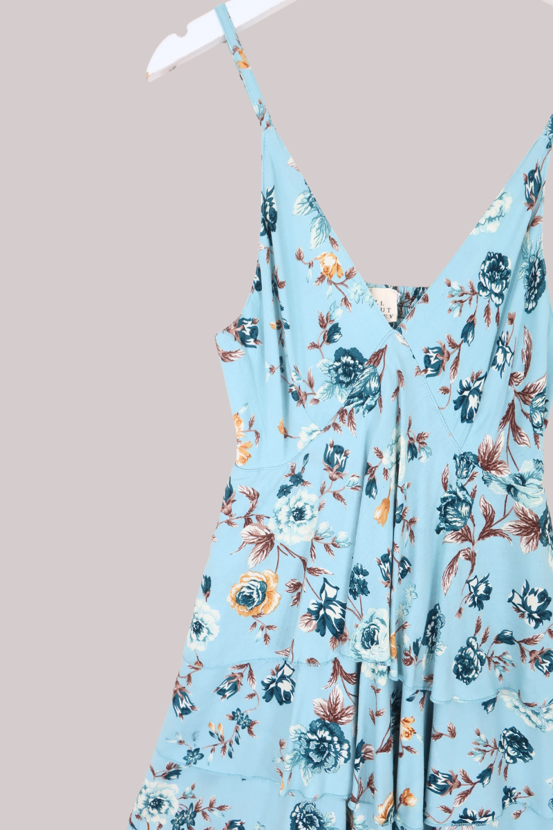 Celeste Babydoll Mini Dress in Breeze Blue Roses