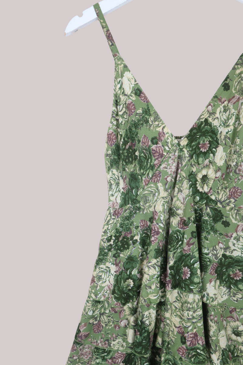 Celeste Babydoll Mini Dress in Eucalyptus Green Floral
