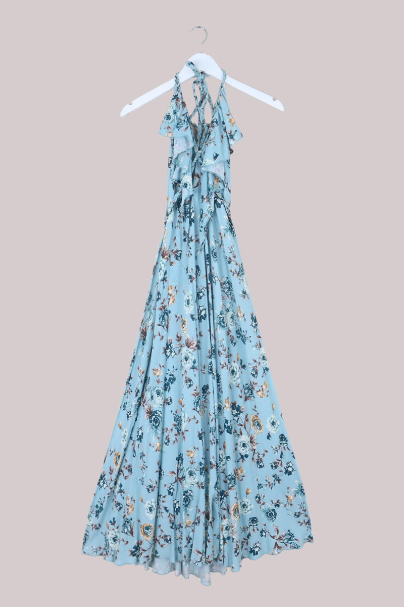 Delphi Braided Halter Maxi Dress in Breeze Blue Roses