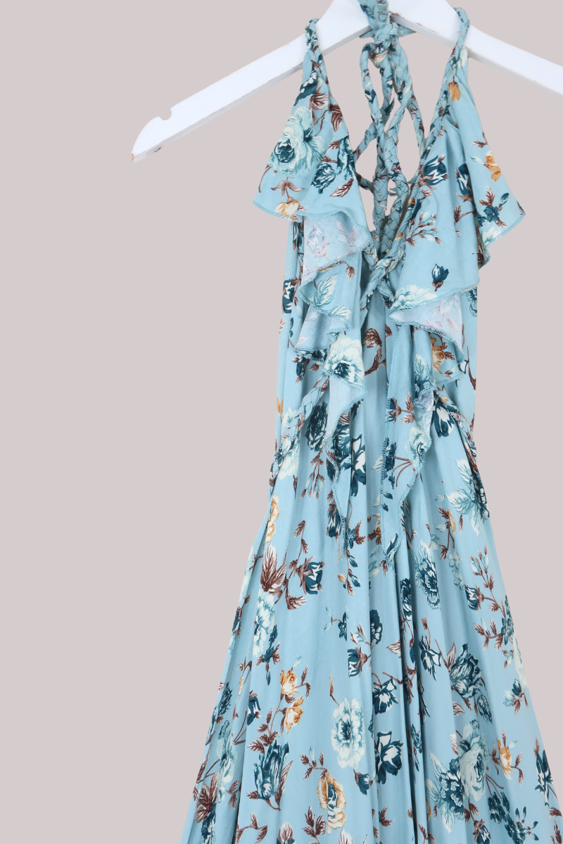 Delphi Braided Halter Maxi Dress in Breeze Blue Roses