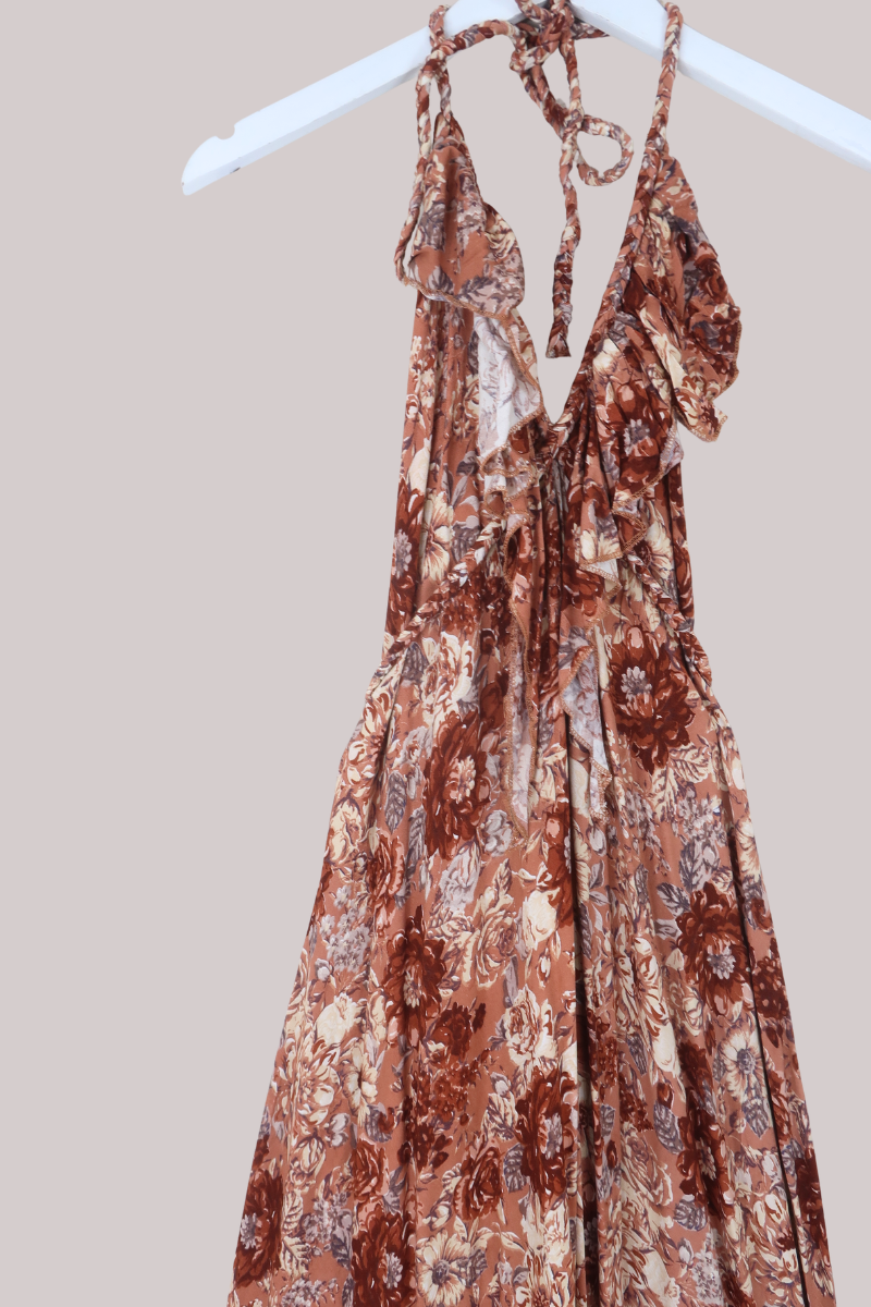 Delphi Braided Halter Maxi Dress in Terracotta Blush Floral