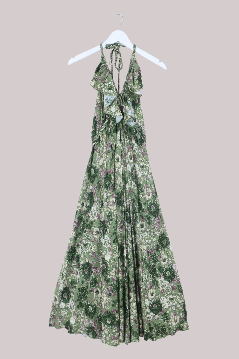 Delphi Braided Halter Maxi Dress in Eucalyptus Green Floral