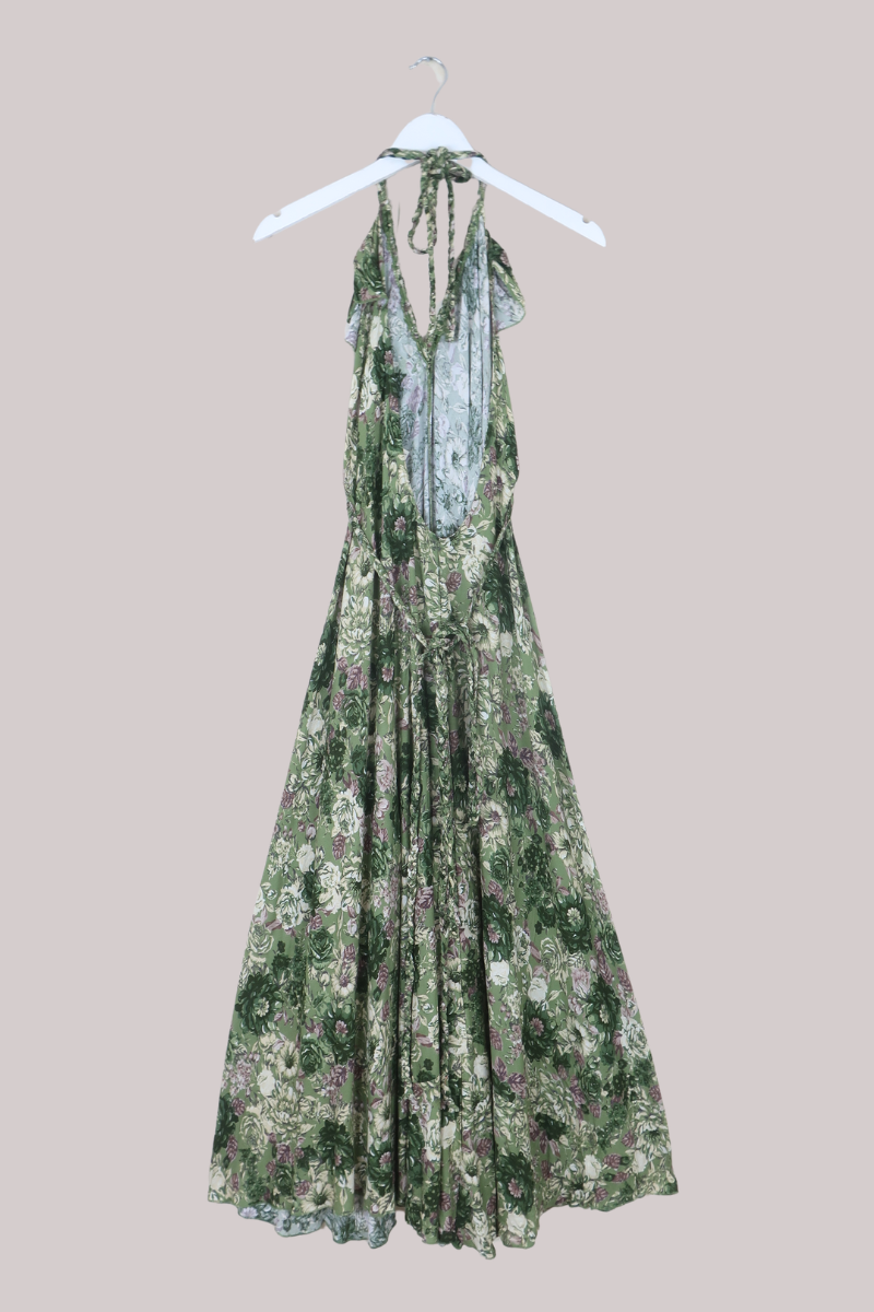 Delphi Braided Halter Maxi Dress in Eucalyptus Green Floral