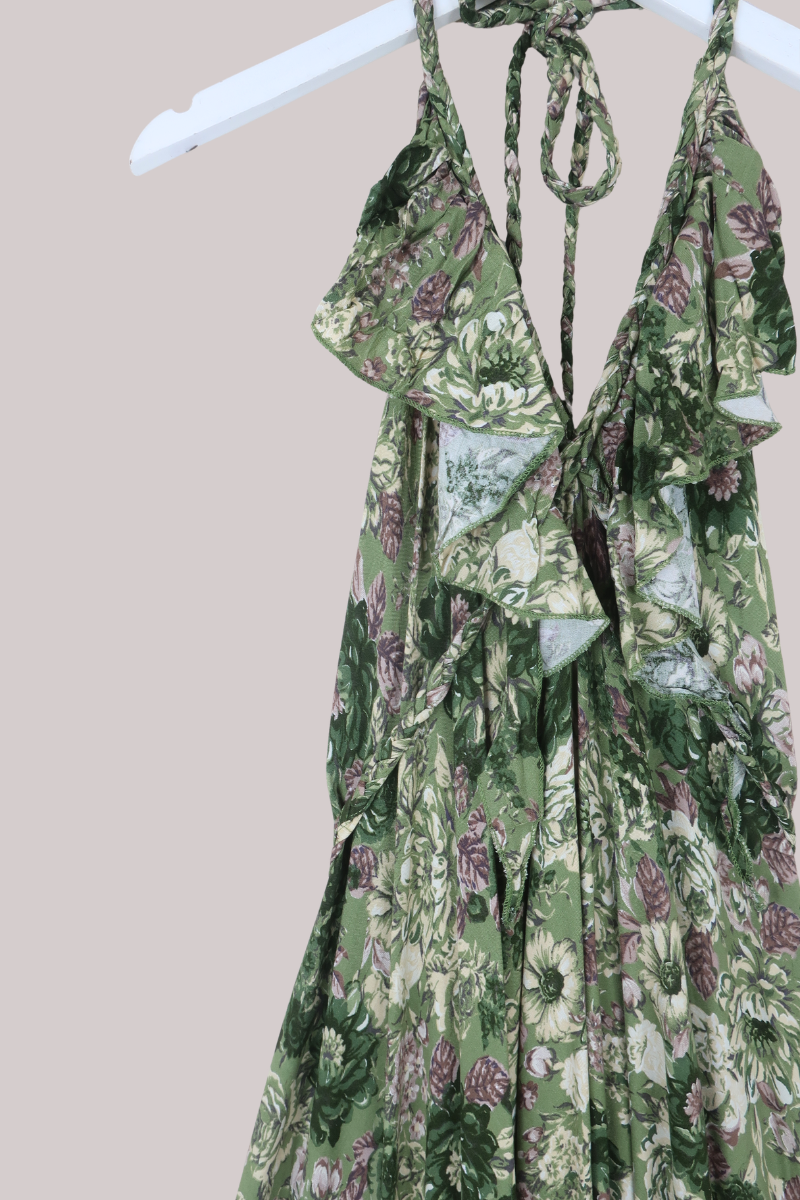 Delphi Braided Halter Maxi Dress in Eucalyptus Green Floral