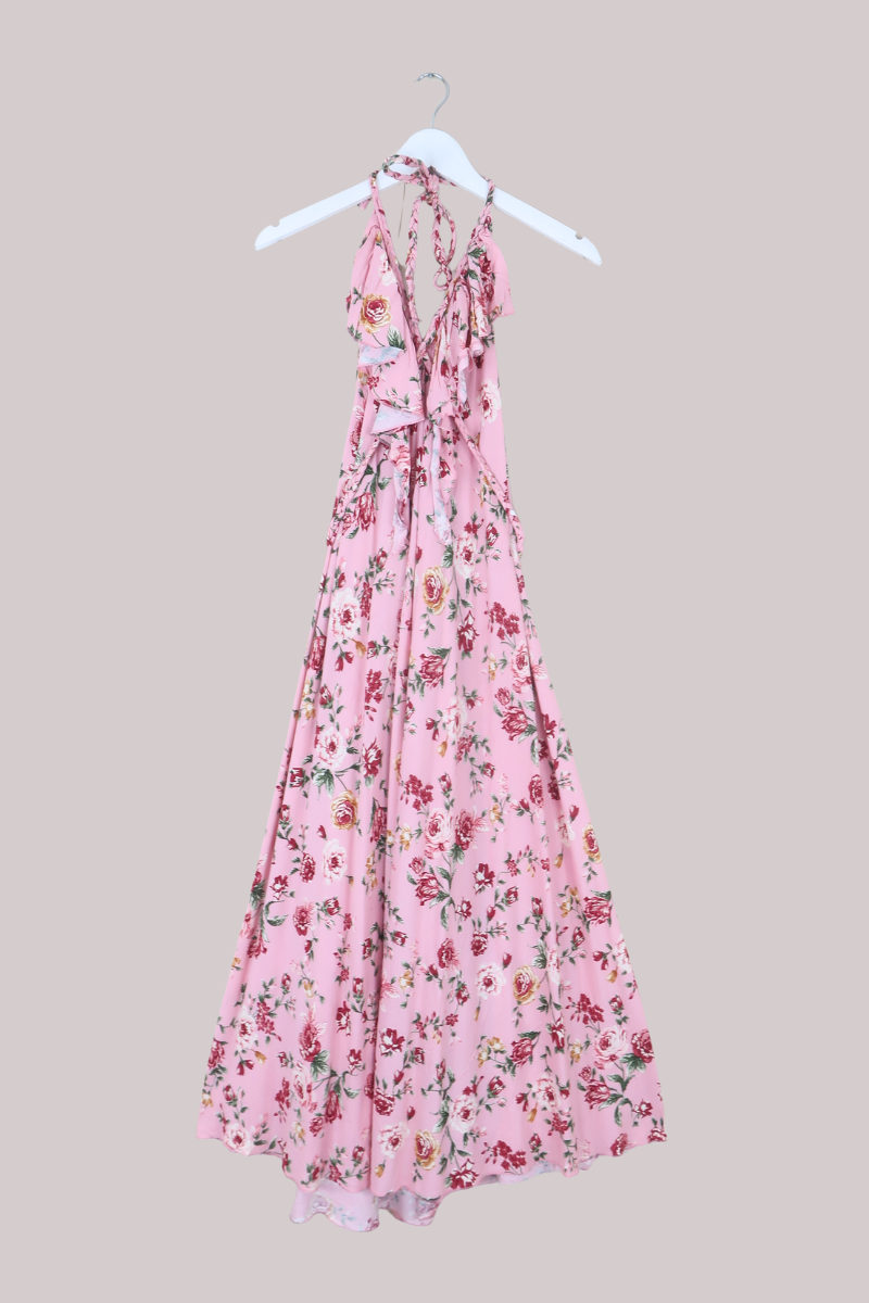 Delphi Braided Halter Maxi Dress in Daydream Pink Roses