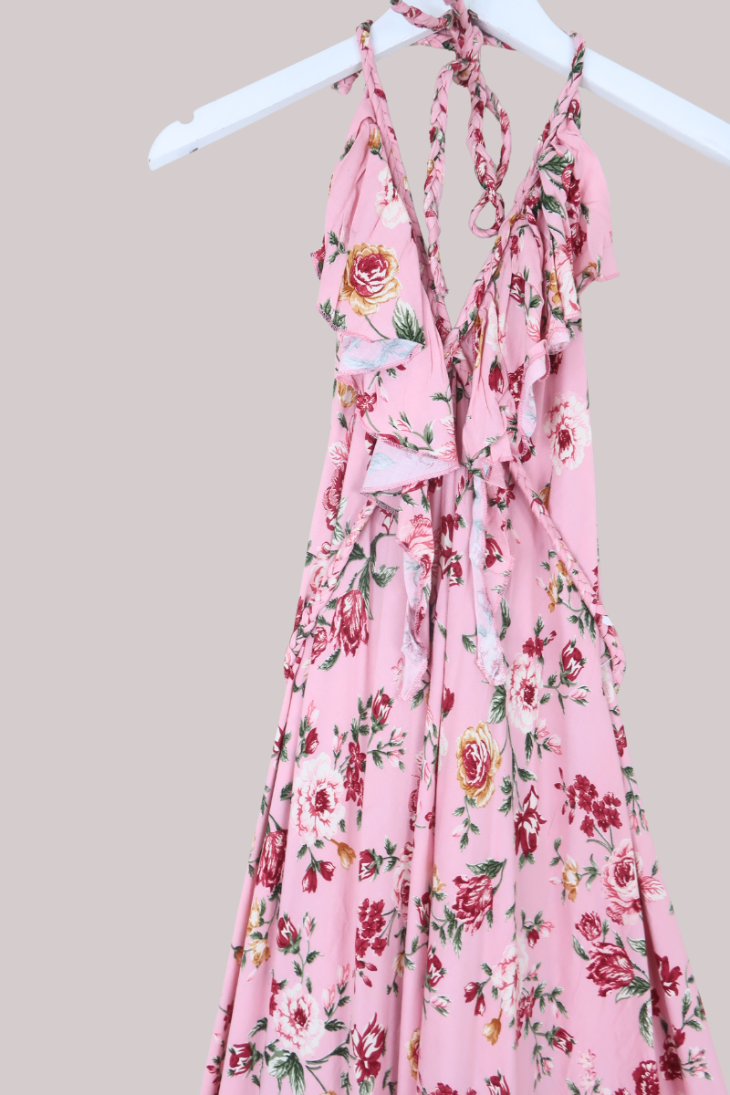 Delphi Braided Halter Maxi Dress in Daydream Pink Roses
