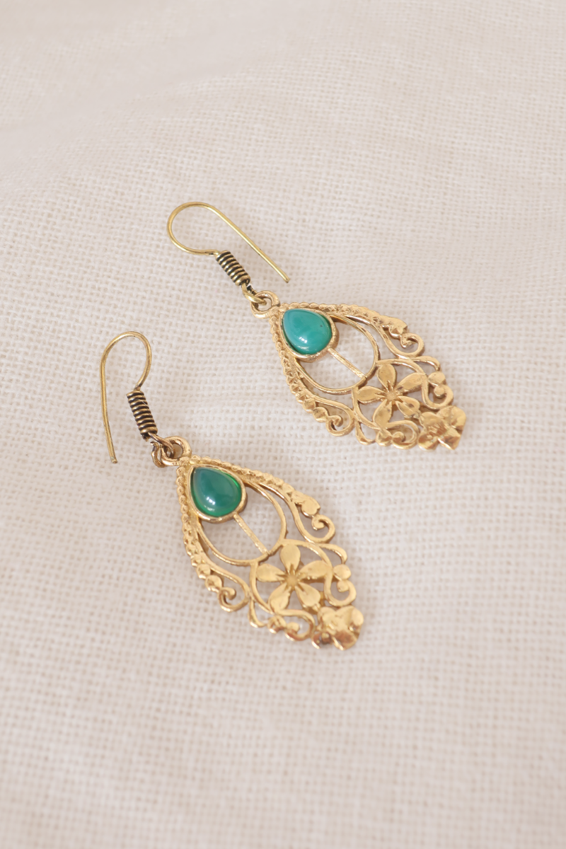 Floral Green Onyx Fans Gold Plated Earrings