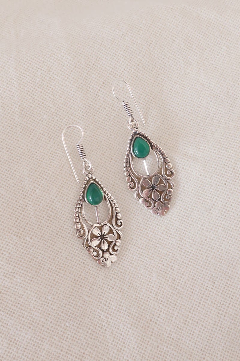 Floral Green Onyx Fans Silver Plated Earrings