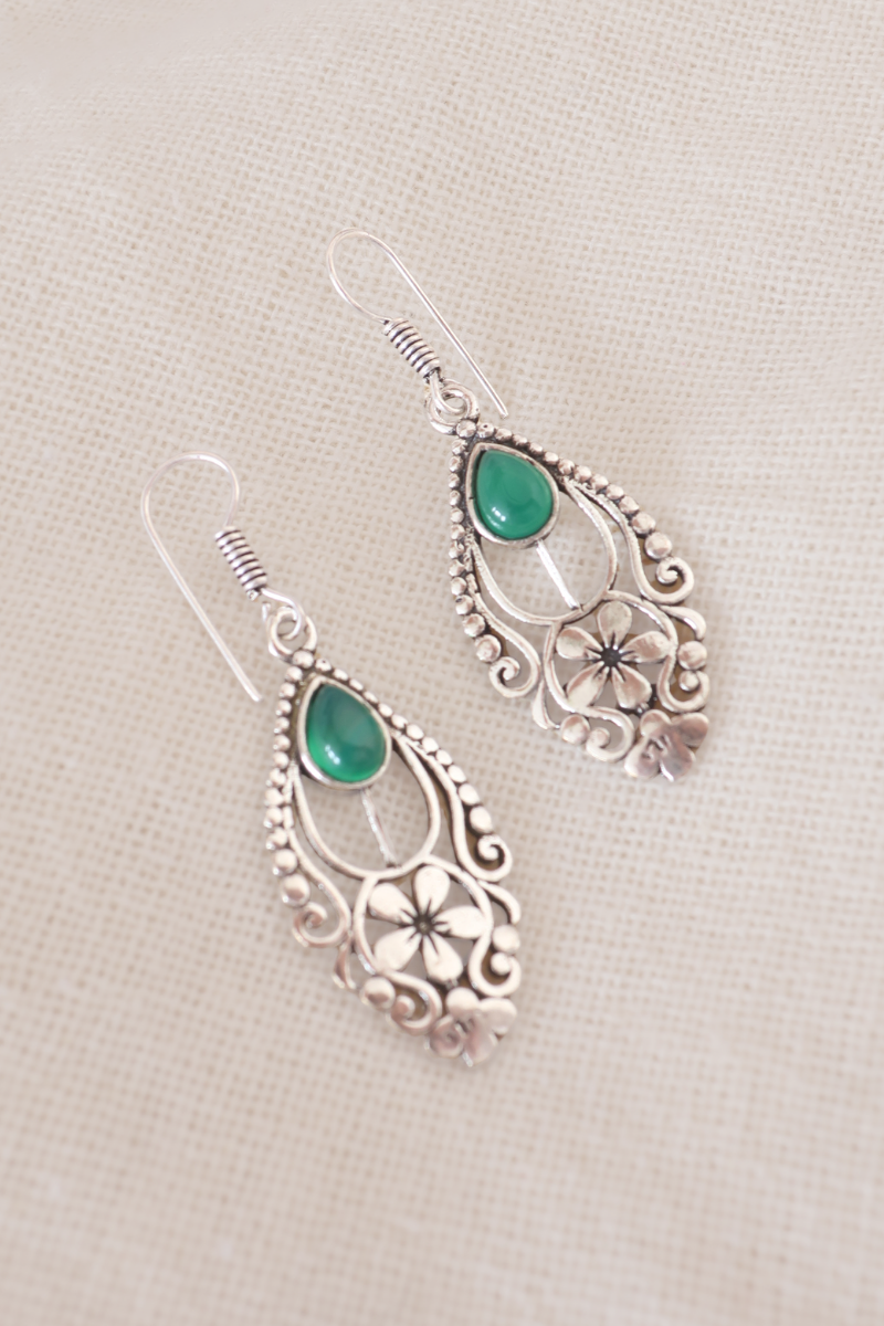 Floral Green Onyx Fans Silver Plated Earrings