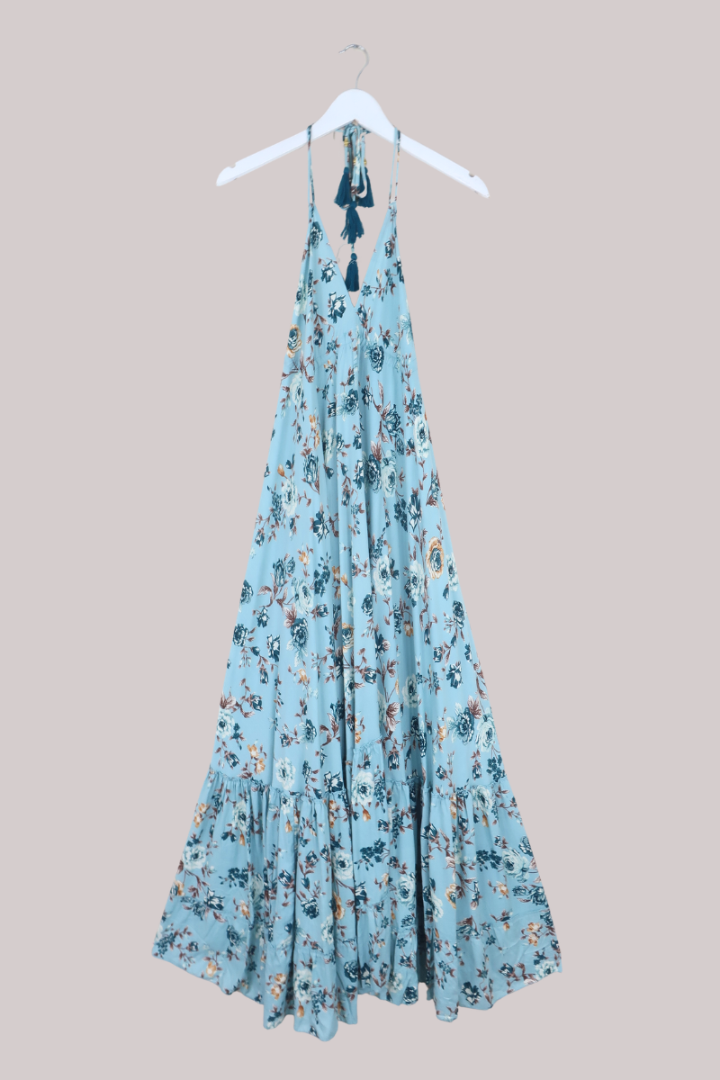 Blossom Halter Maxi Dress in Breeze Blue Roses