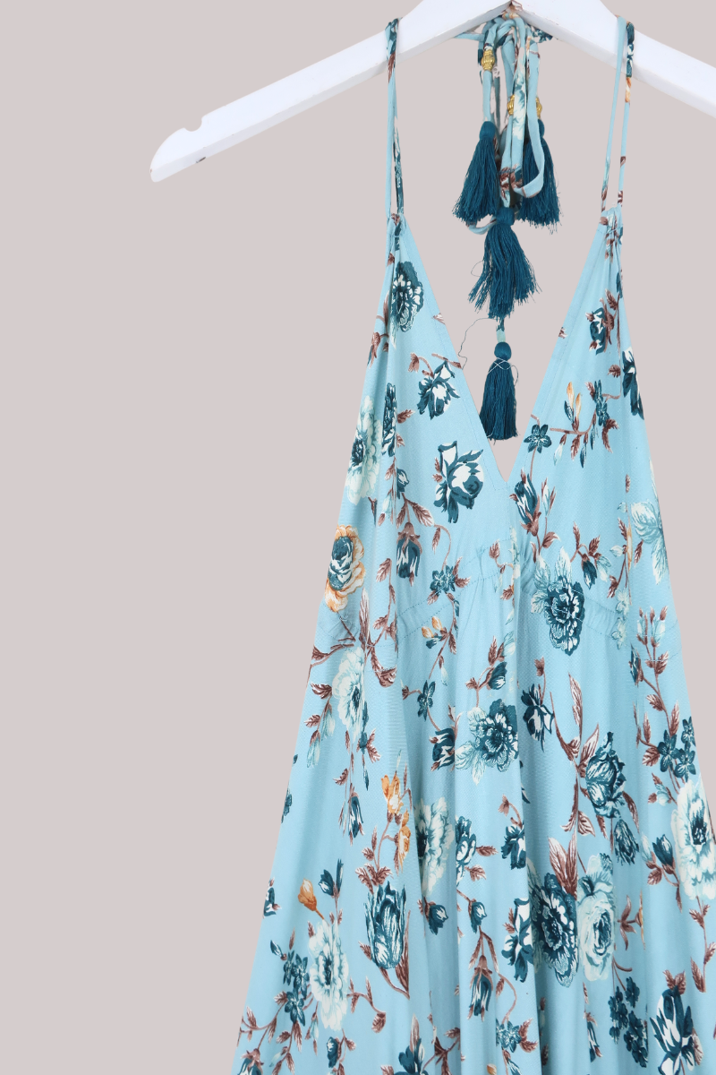 Blossom Halter Maxi Dress in Breeze Blue Roses