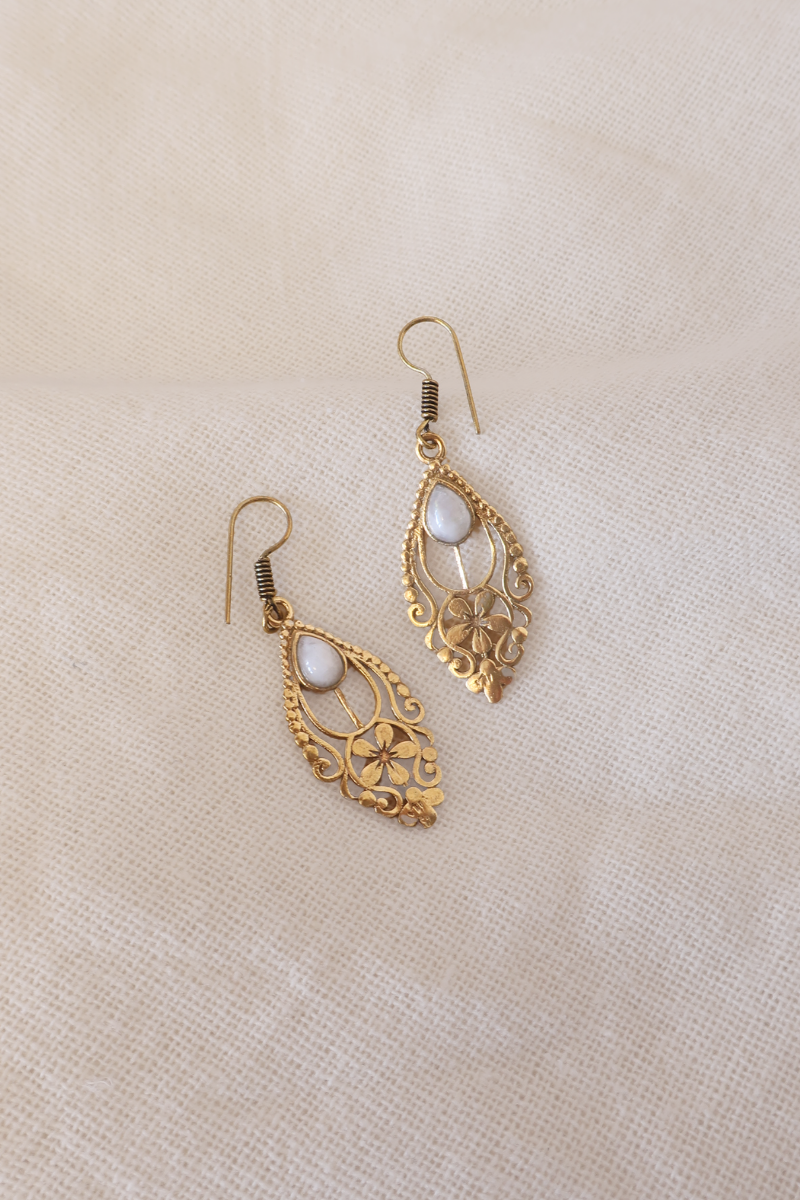 Floral Moonstone Fans Gold Plated Earrings