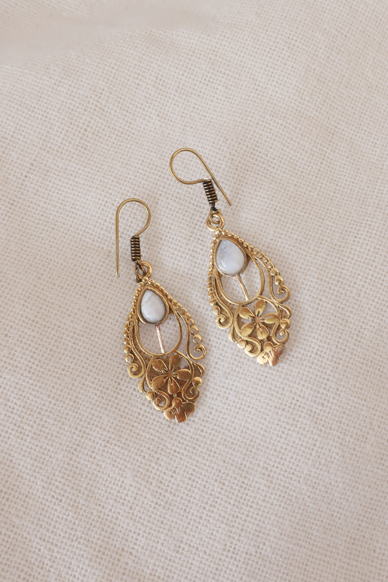 Floral Moonstone Fans Gold Plated Earrings