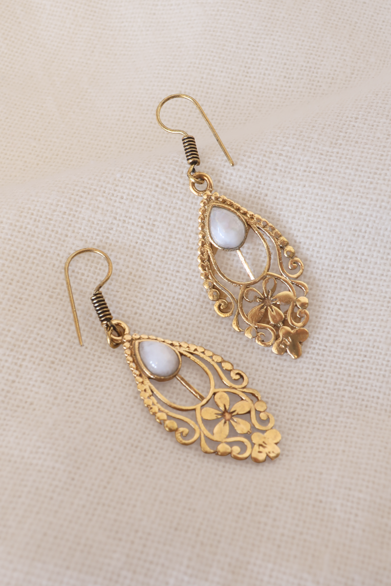 Floral Moonstone Fans Gold Plated Earrings