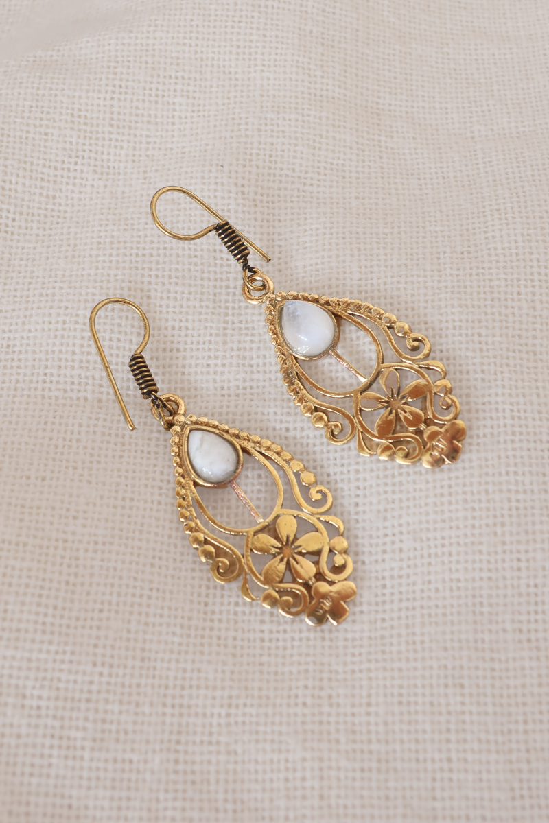 Floral Moonstone Fans Gold Plated Earrings