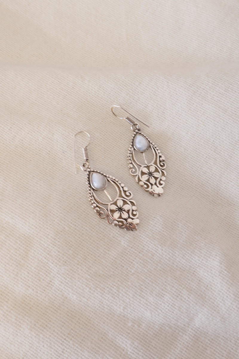 Floral Moonstone Fans Silver Plated Earrings