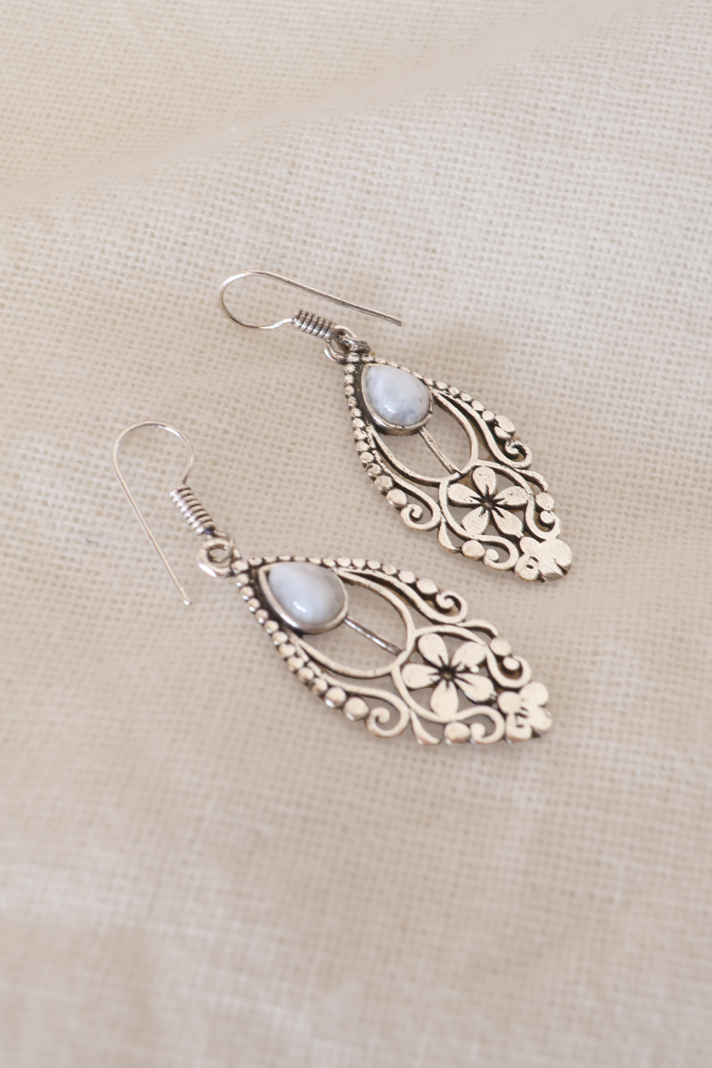 Floral Moonstone Fans Silver Plated Earrings