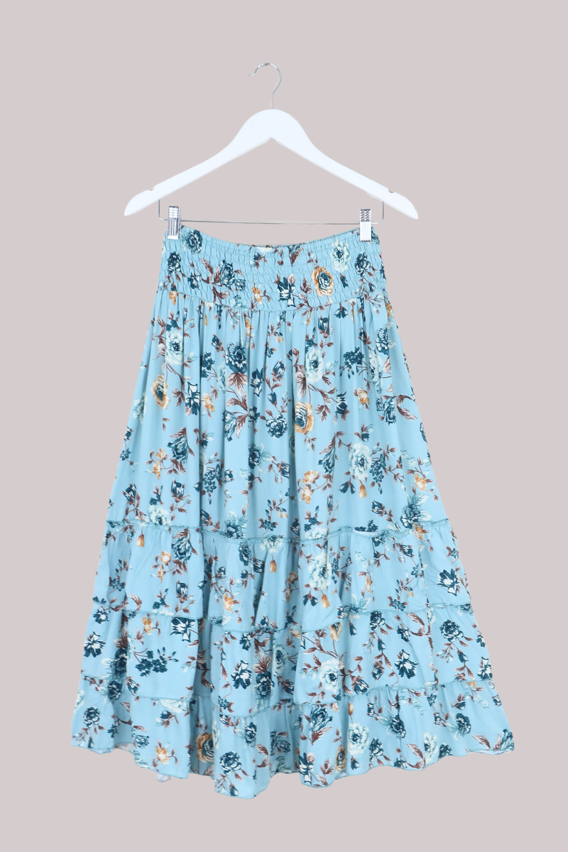 Paloma Ruffle Midi Skirt in Breeze Blue Roses