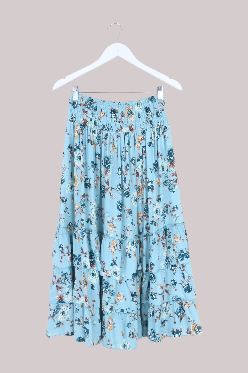 Paloma Ruffle Midi Skirt in Breeze Blue Roses