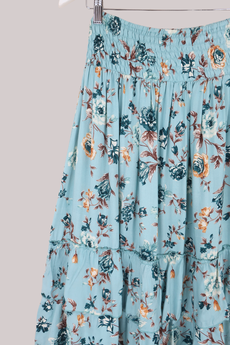 Paloma Ruffle Midi Skirt in Breeze Blue Roses