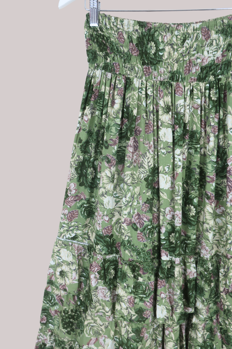 Paloma Ruffle Midi Skirt in Eucalyptus Green Floral
