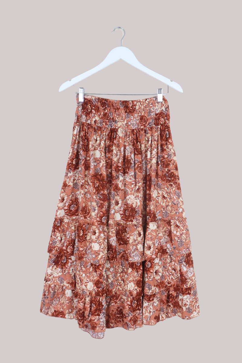 Paloma Ruffle Midi Skirt in Terracotta Blush Floral