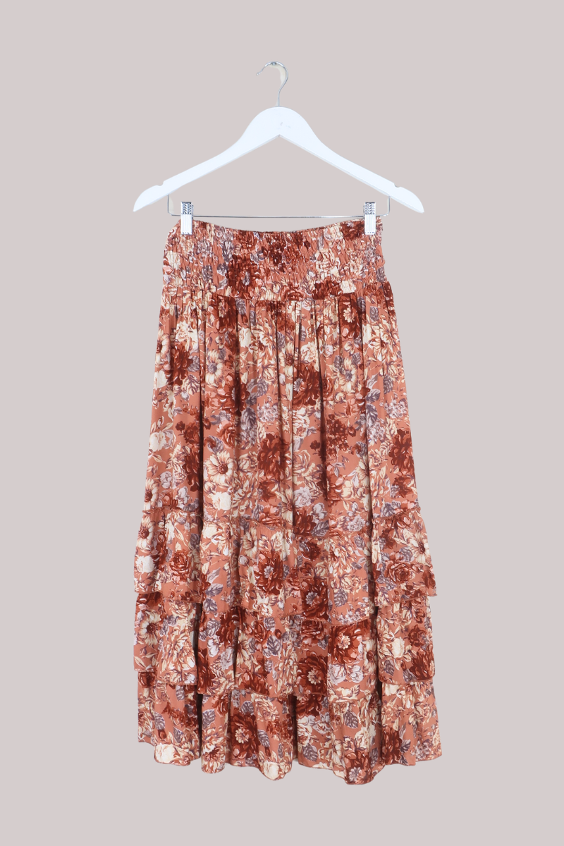 Paloma Ruffle Midi Skirt in Terracotta Blush Floral
