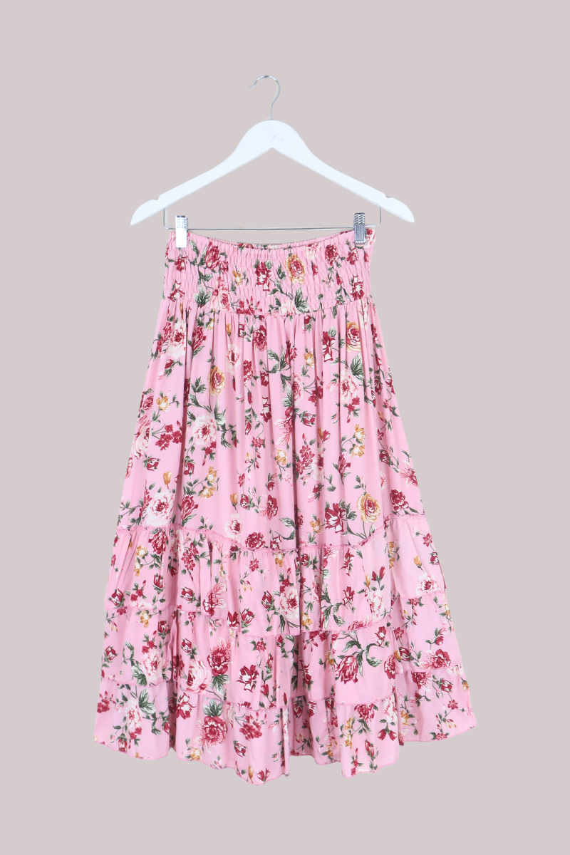 Paloma Ruffle Midi Skirt in Daydream Pink Roses