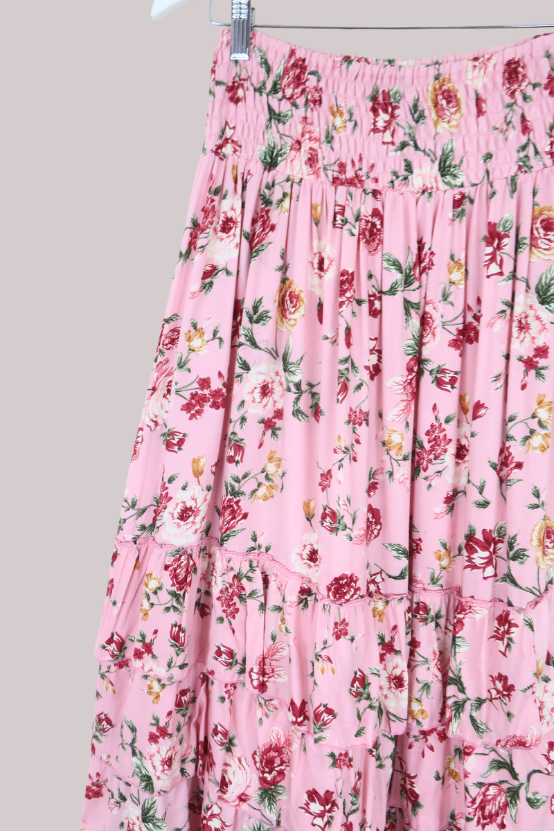 Paloma Ruffle Midi Skirt in Daydream Pink Roses