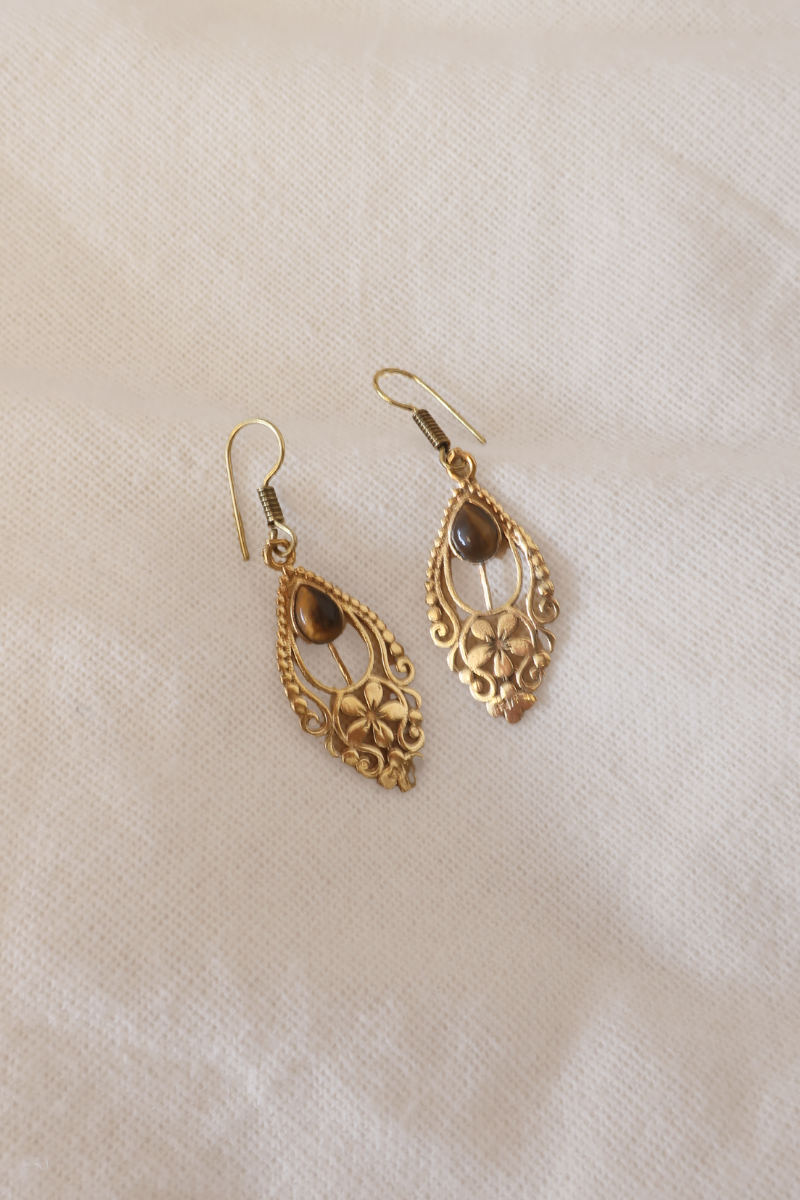 Floral Tigers Eye Fans Gold Plated Earrings