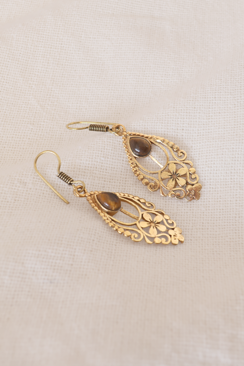 Floral Tigers Eye Fans Gold Plated Earrings