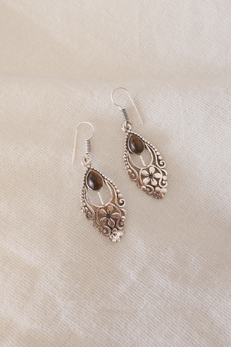 Floral Tigers Eye Fans Silver Plated Earrings