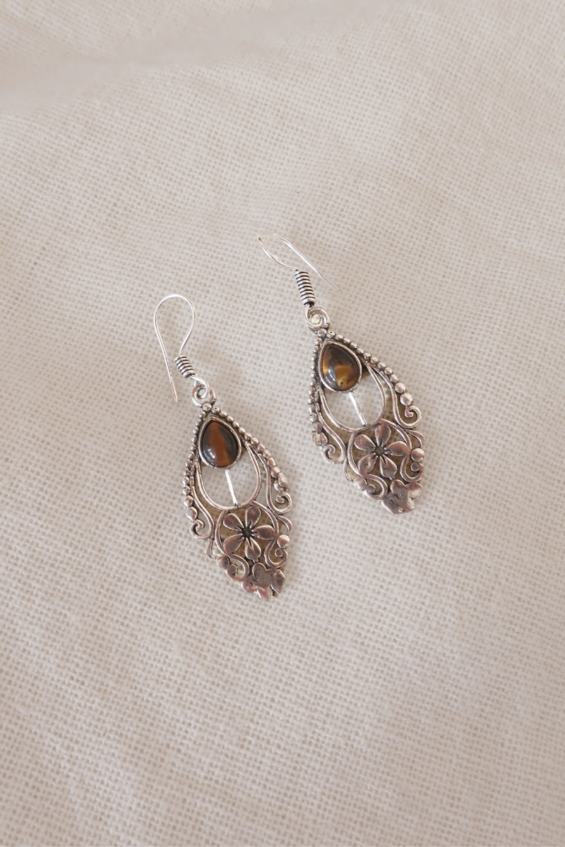 Floral Tigers Eye Fans Silver Plated Earrings