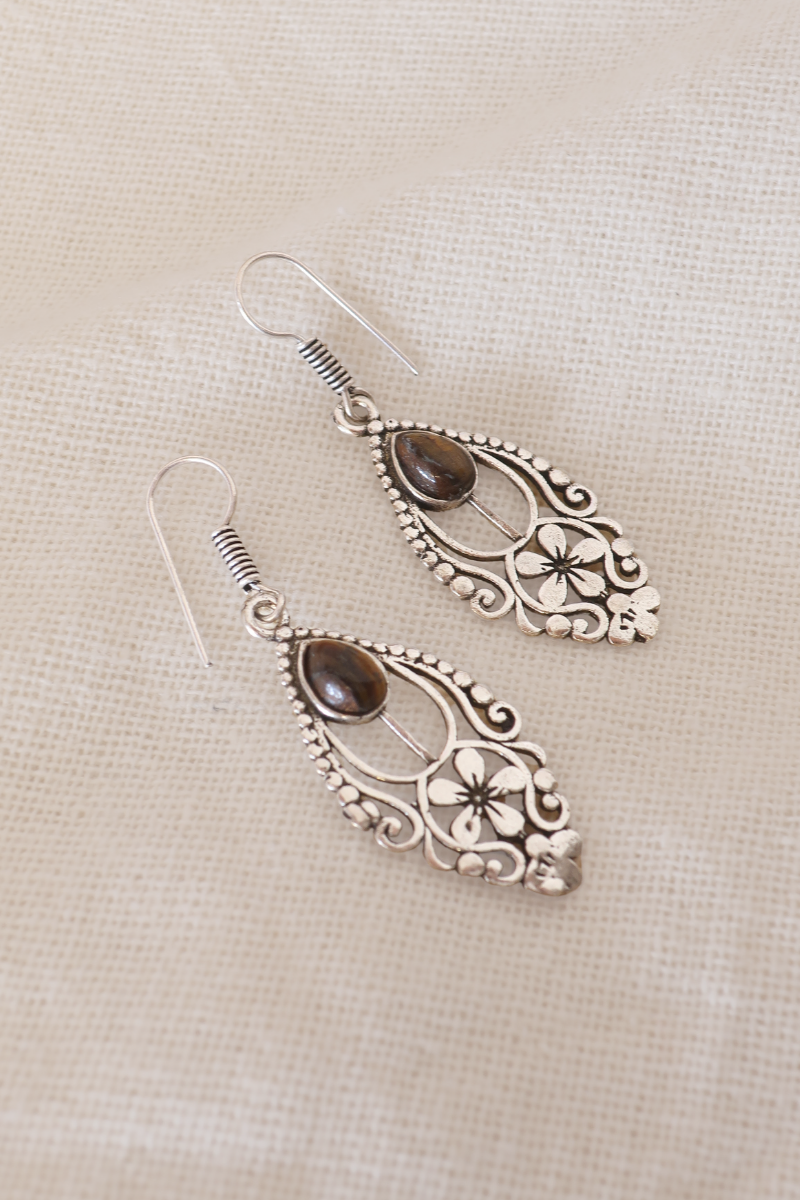 Floral Tigers Eye Fans Silver Plated Earrings