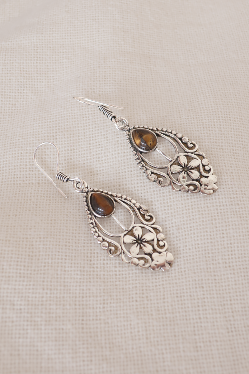 Floral Tigers Eye Fans Silver Plated Earrings