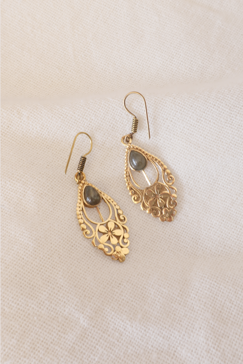 Floral  Labradorite Stone Fans Gold Plated Earrings
