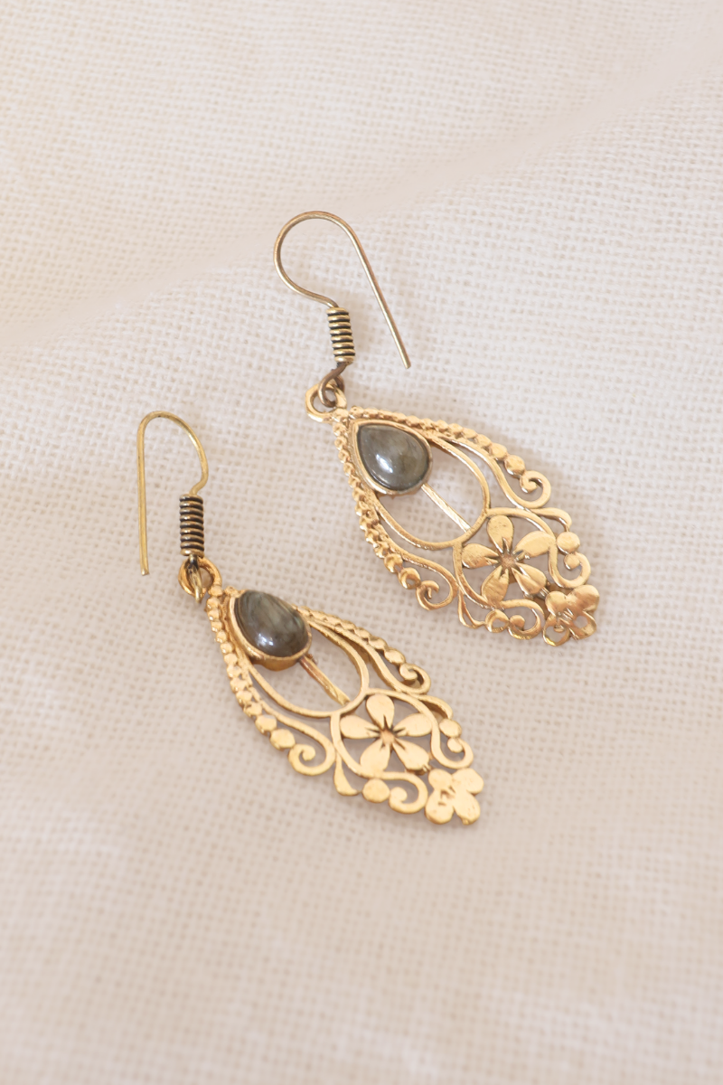 Floral  Labradorite Stone Fans Gold Plated Earrings