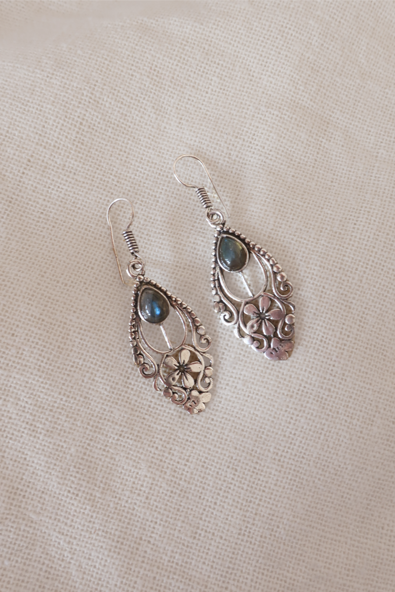 Floral  Labradorite Fans Silver Plated Earrings
