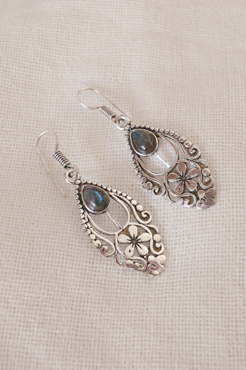 Floral  Labradorite Fans Silver Plated Earrings