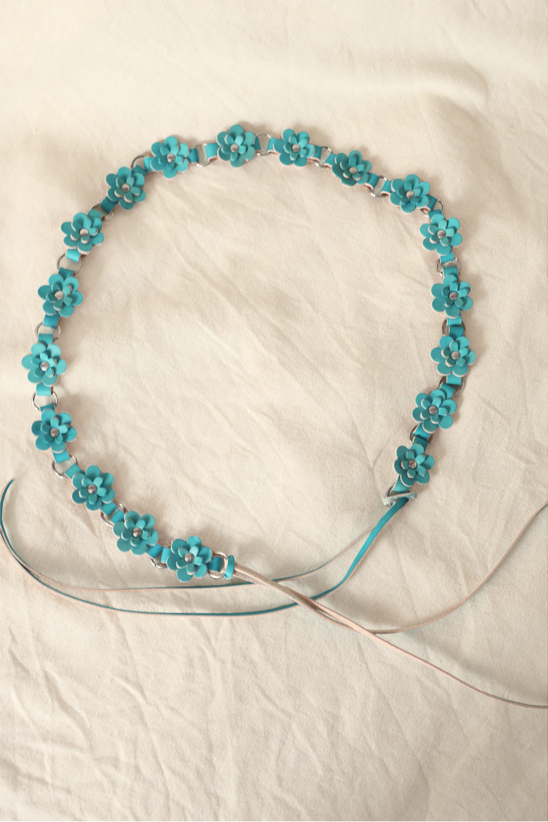 Daisy Chain Leather Belt in Aquamarine Blue - Free Size
