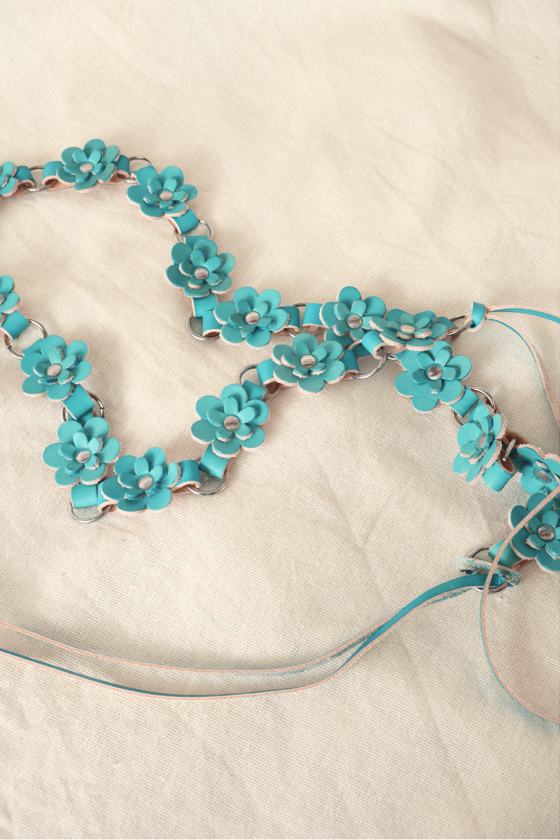 Daisy Chain Leather Belt in Aquamarine Blue - Free Size