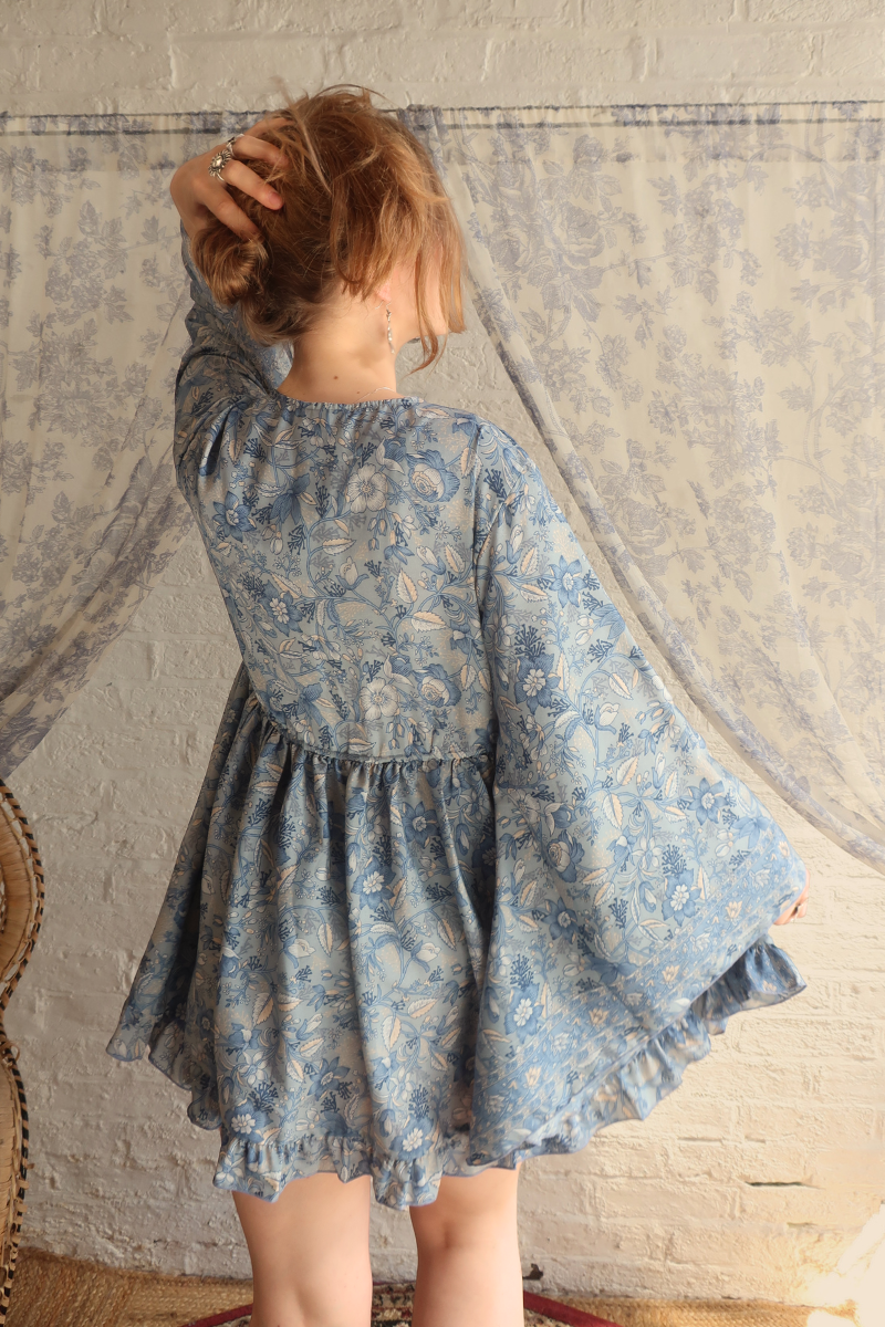 Pixie Folklore Floral Babydoll Mini Dress in Forget-Me-Not Blue