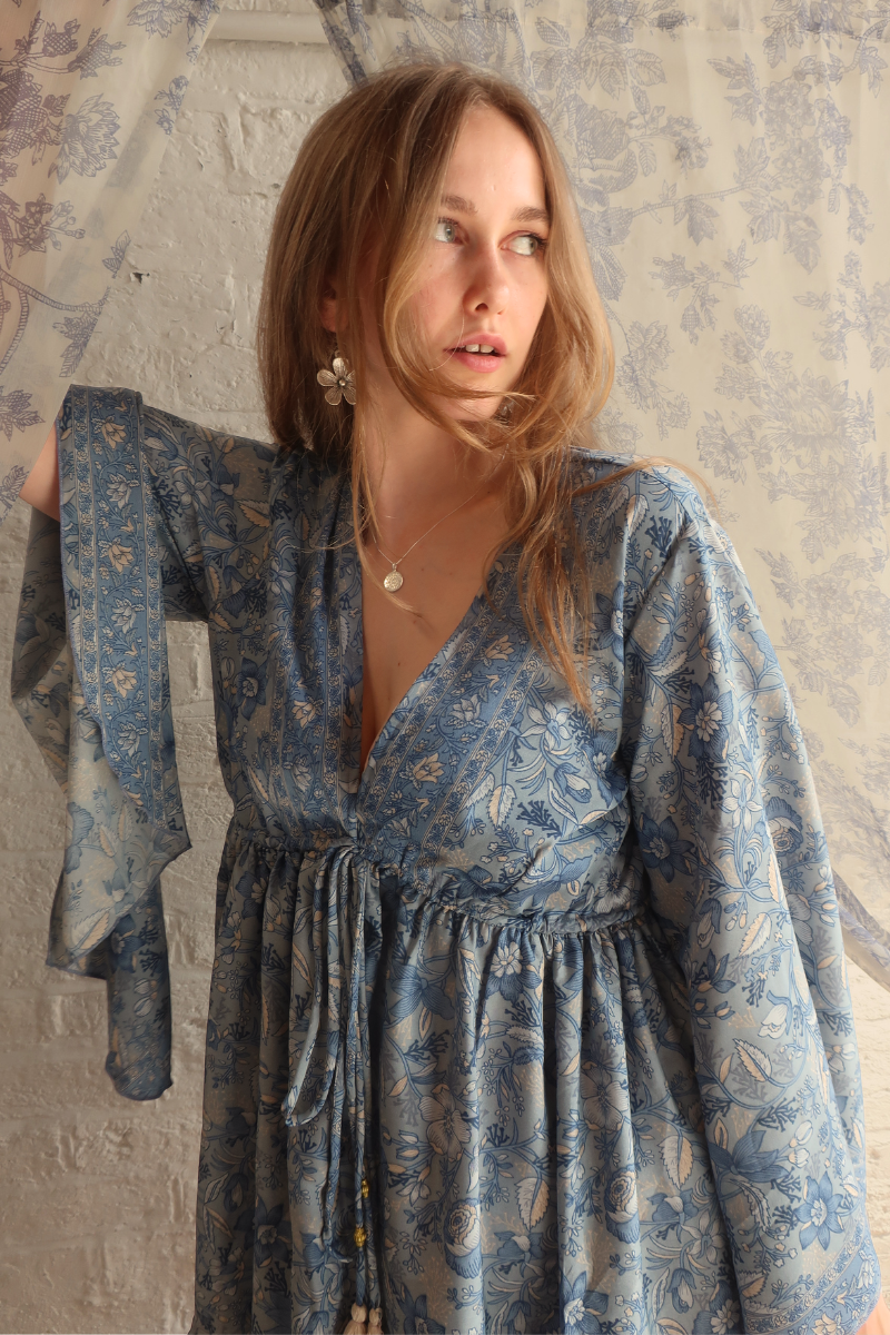 Pixie Folklore Floral Babydoll Mini Dress in Forget-Me-Not Blue