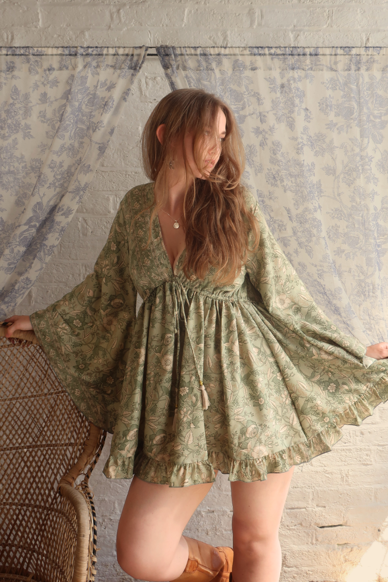 Pixie Folklore Floral Babydoll Mini Dress in Bamboo Green