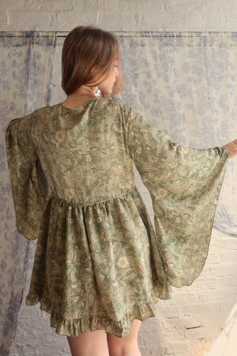 Pixie Folklore Floral Babydoll Mini Dress in Bamboo Green